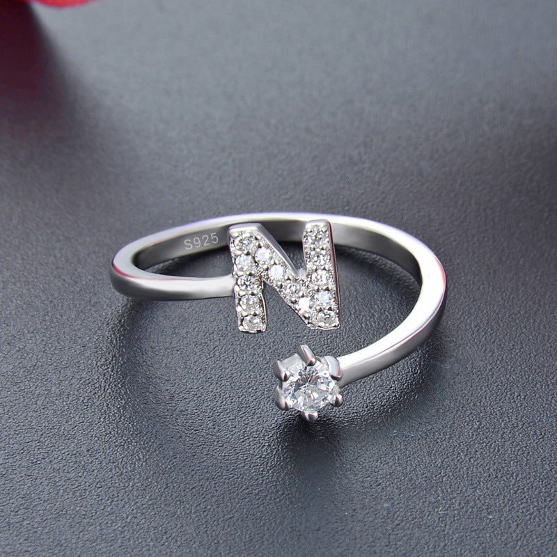 26 English Letters Zircon Sterling Silver S925 Adjustable Ring Jewelry