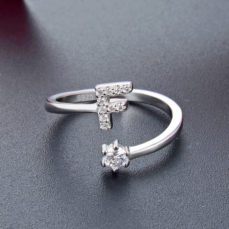 26 English Letters Zircon Sterling Silver S925 Adjustable Ring Jewelry