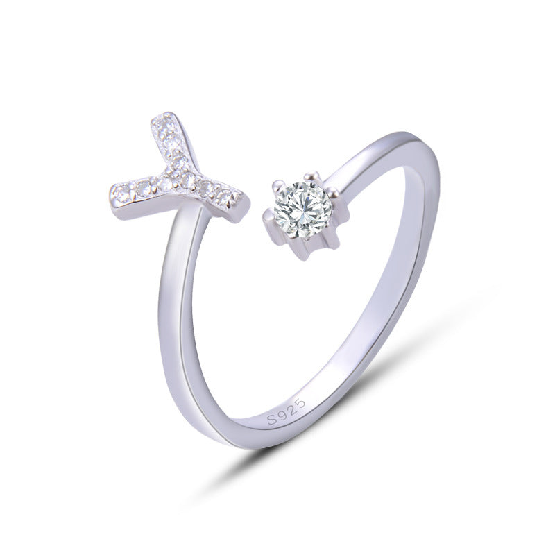 26 English Letters Zircon Sterling Silver S925 Adjustable Ring Jewelry