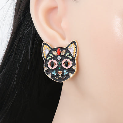 Creative Black Cat Colorful Cat Halloween Stud Earrings with Oil-Plated Diamond
