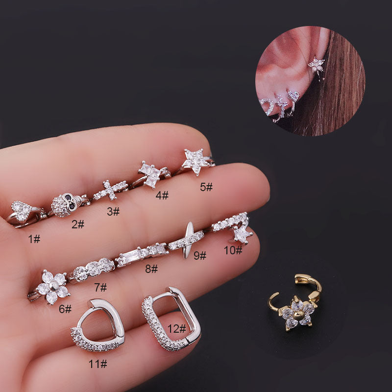 8MM Heart Flower Cross Copper Zircon Inlaid Ear Cuff
