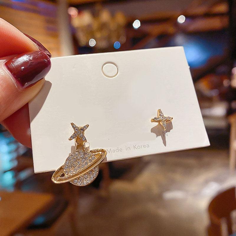 925 Silver Asymmetric Star and Moon Earrings with Simple Diamond Design