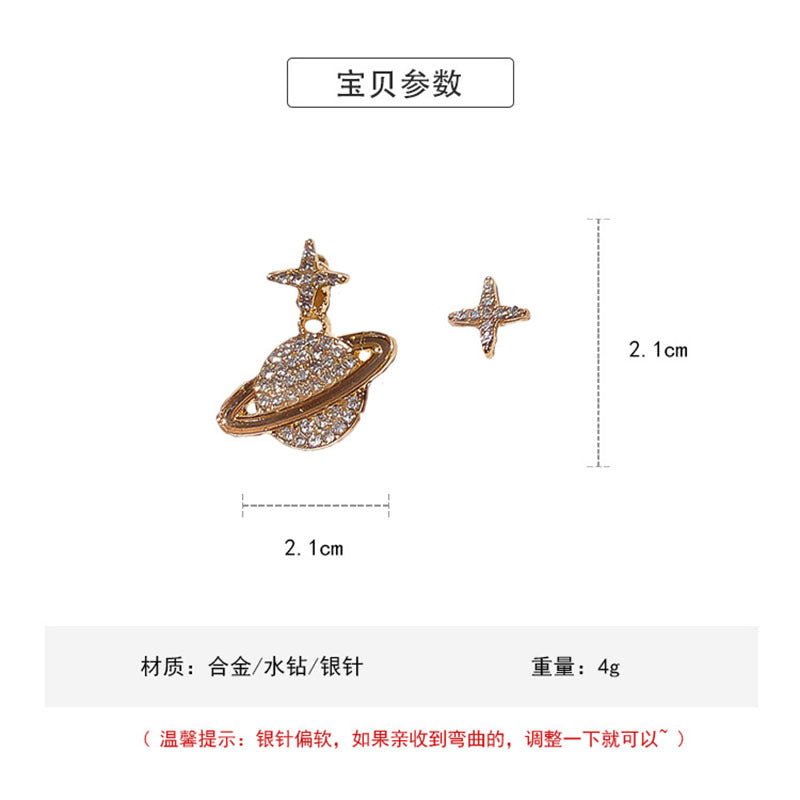 925 Silver Asymmetric Star and Moon Earrings with Simple Diamond Design