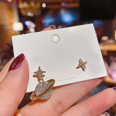 925 Silver Asymmetric Star and Moon Earrings with Simple Diamond Design
