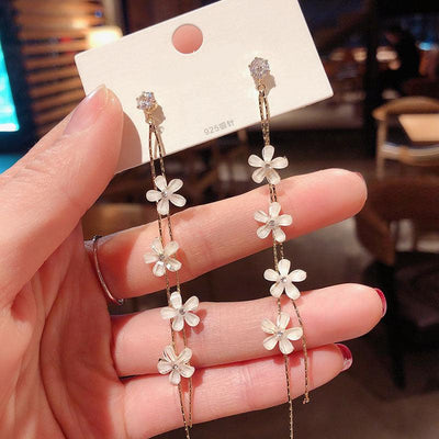 925 Silver Needle Korean Tassel Flower Crystal Earrings for Women