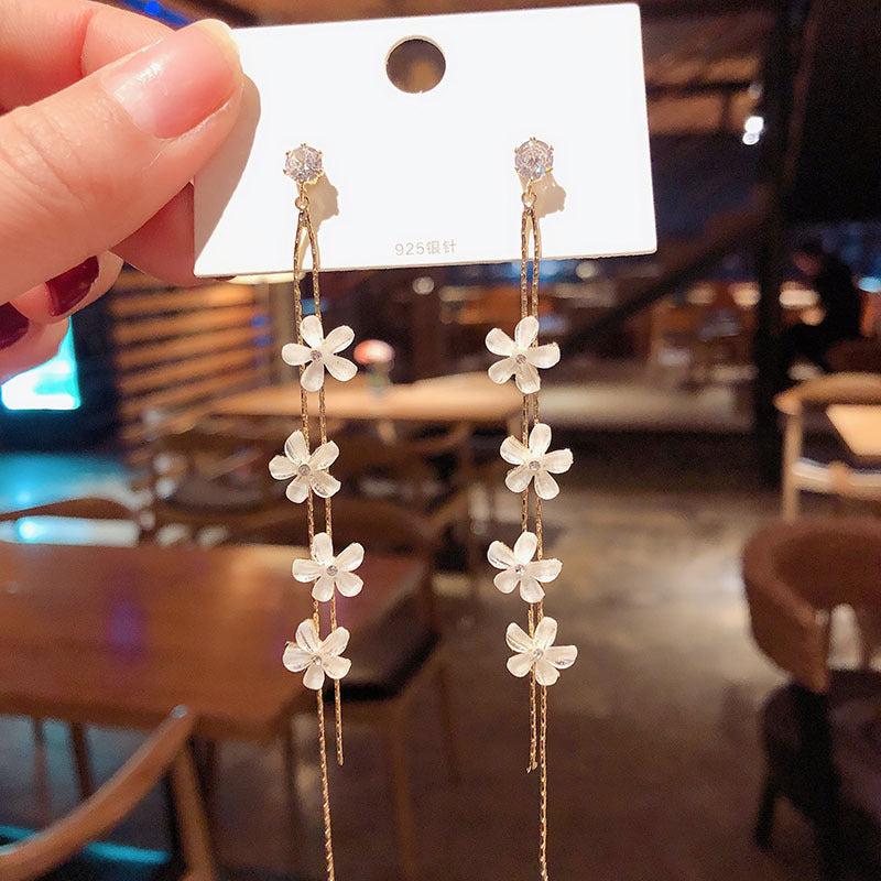 925 Silver Needle Korean Tassel Flower Crystal Earrings for Women