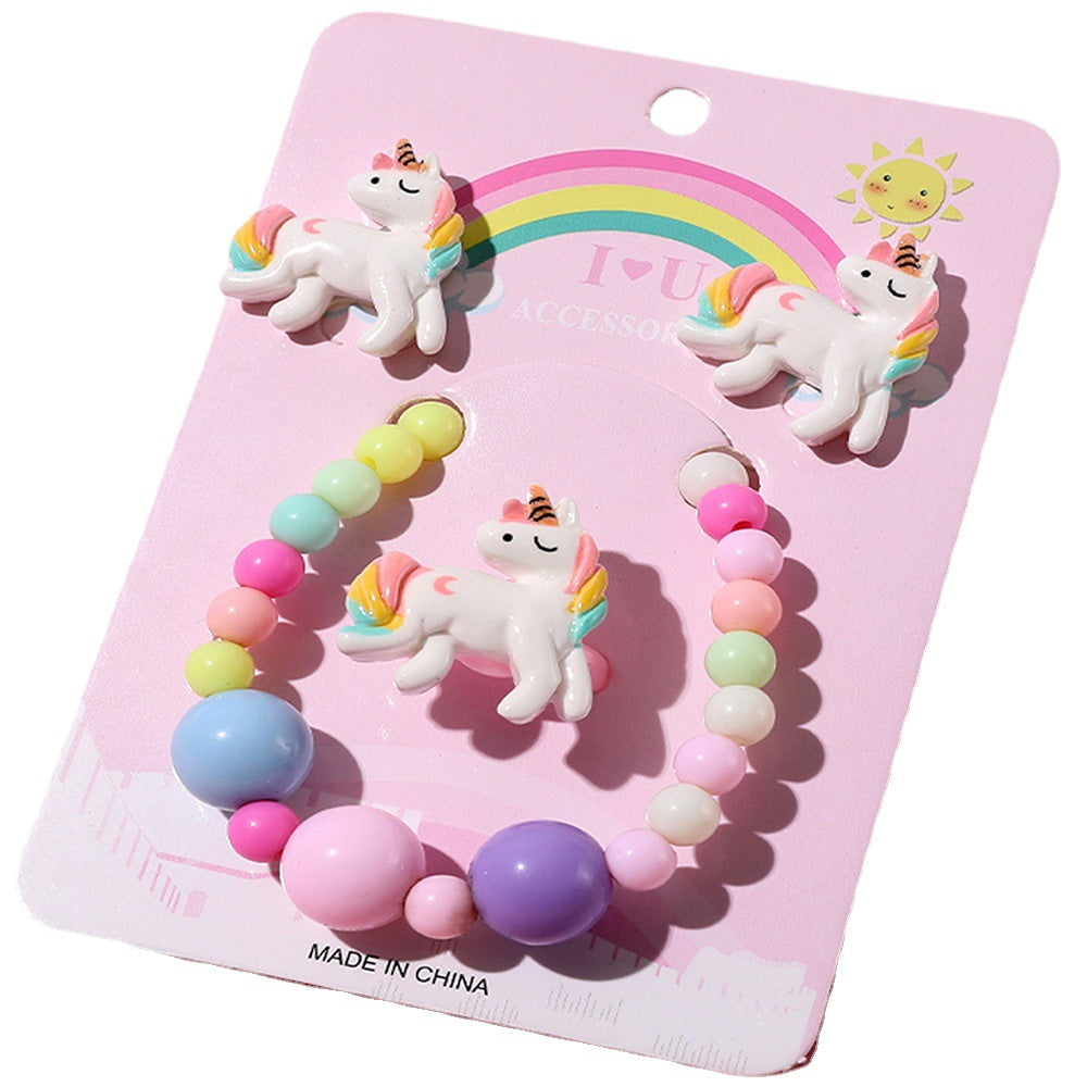 Acrylic Beaded Unicorn Jewelry Set - Earrings, Ring, and Bracelet