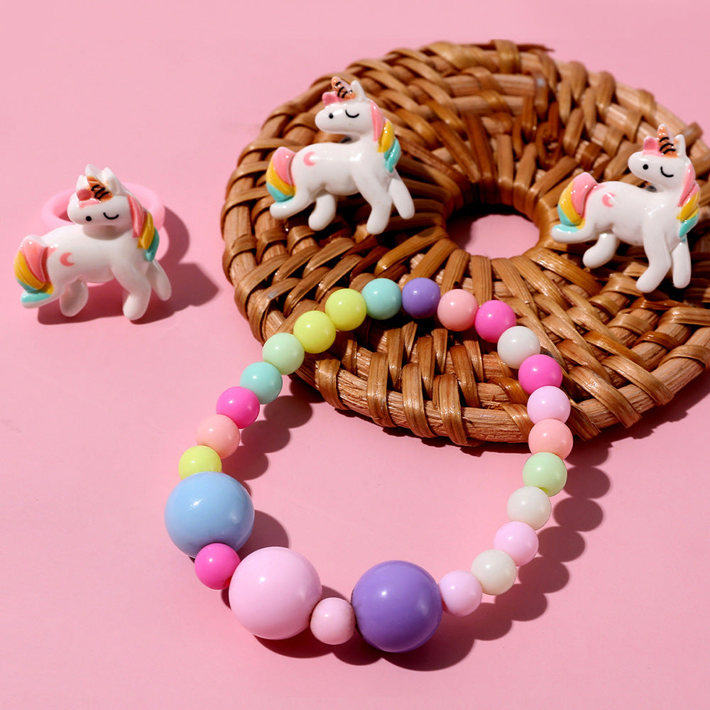 Acrylic Beaded Unicorn Jewelry Set - Earrings, Ring, and Bracelet