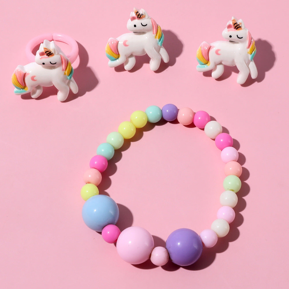 Acrylic Beaded Unicorn Jewelry Set - Earrings, Ring, and Bracelet