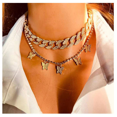 Alloy Rhinestone Butterfly Pendant Necklace - Punk Hip Hop Style