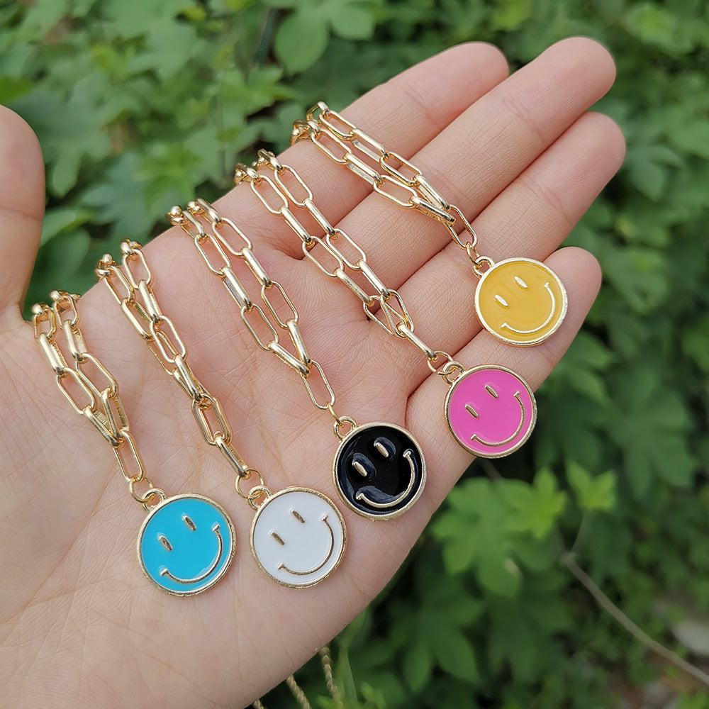 Alloy Dripping Oil Smiley Face Cartoon Pendant Necklace - Creative Multicolor Simple Design