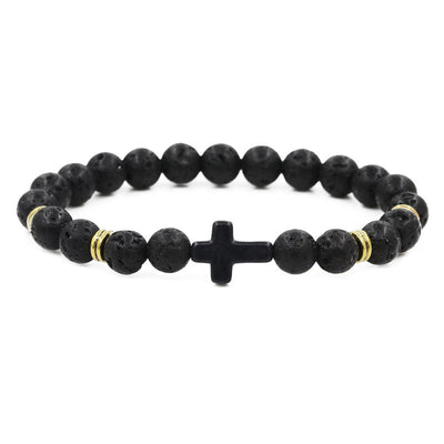 Alloy Cross Bracelet with 8mm Matte Volcanic Stone Beads - Red Pine