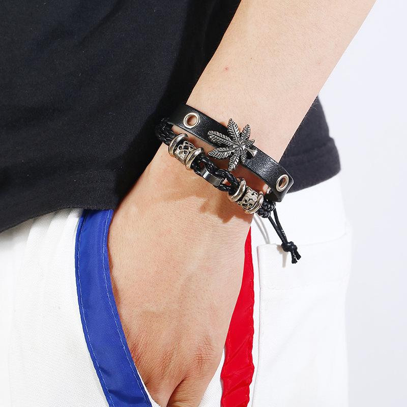 Alloy Maple Leather Cross Beaded Bracelet for Men