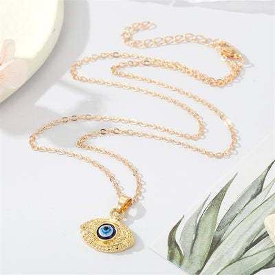 Alloy Turkish Evil Eye Pendant Necklace with Geometric Carving Design