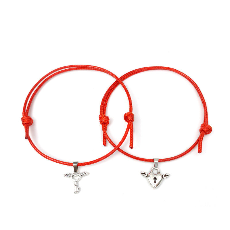 Alloy Heart Key Lock Wing Couple Bracelet Set
