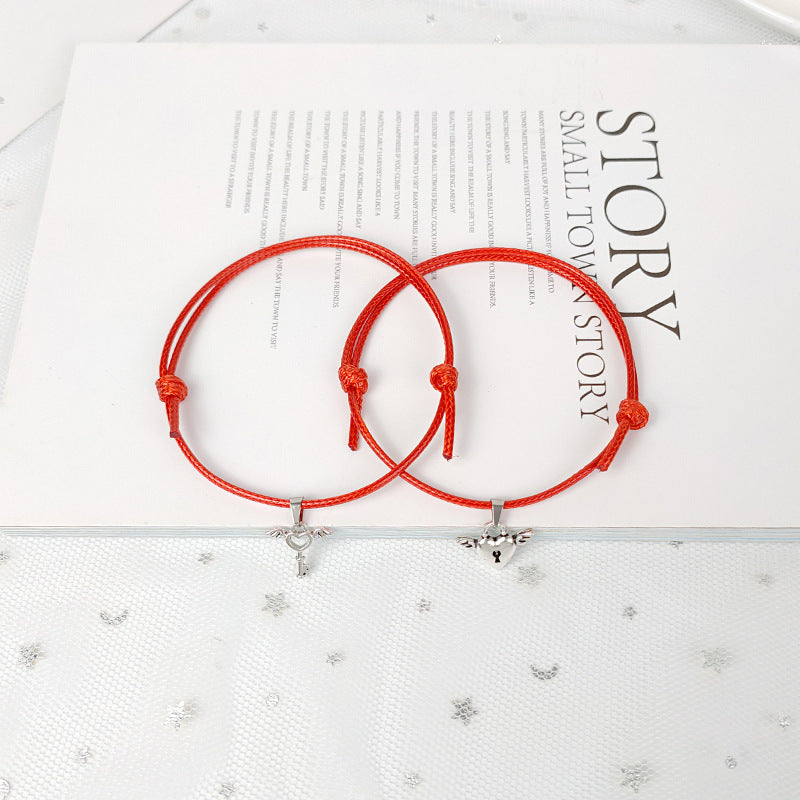 Alloy Heart Key Lock Wing Couple Bracelet Set