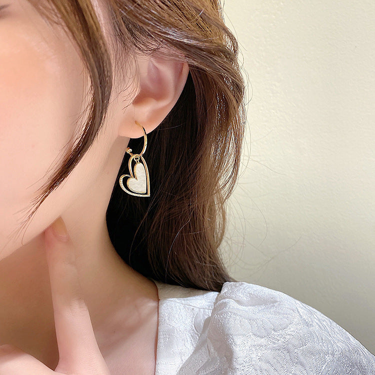 Asymmetric Heart Shell Earrings with Hollow Double-Layer Design in S925 Silver