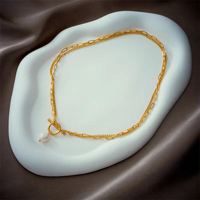 Baroque Pearl Titanium Steel Double Layer Necklace