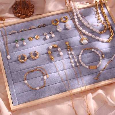 18K Gold Plated Geometric Stainless Steel Necklace with Water Drop Freshwater Pearl Pendant