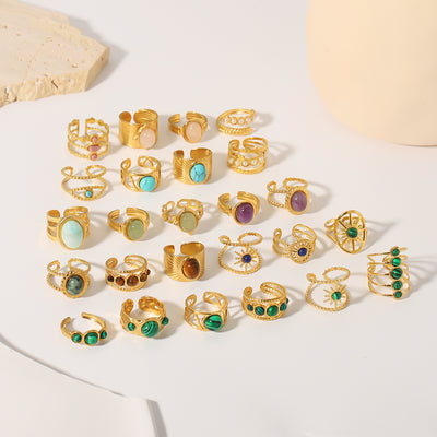Vintage Geometric Emerald Natural Stone 18K Gold Plated Stainless Steel Open Ring