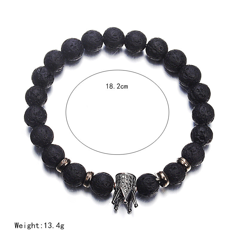 Black Lava Stone Bracelet with Gold Crown Charm for Men and Women