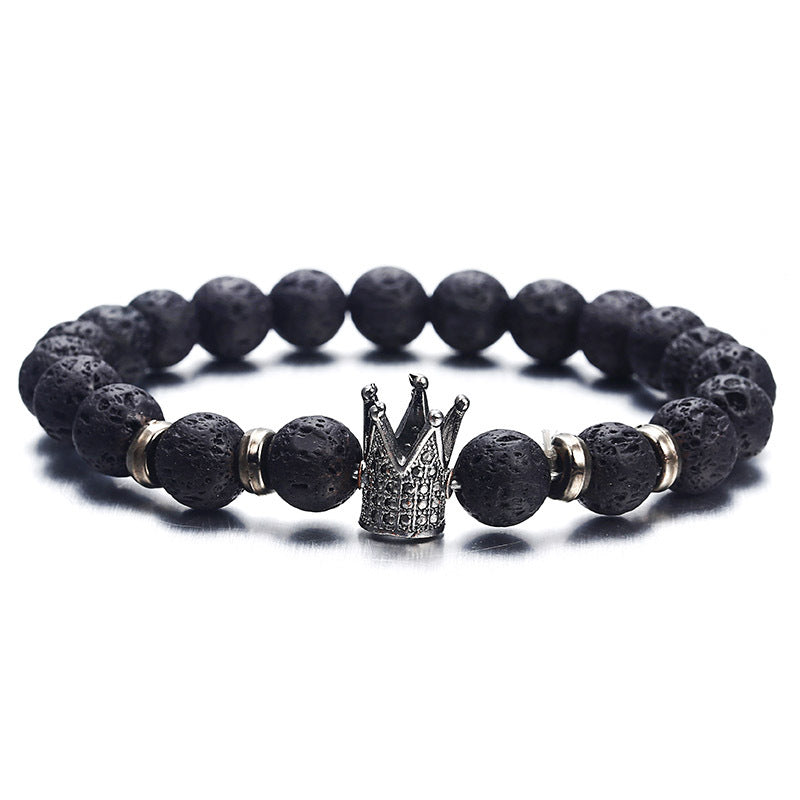 Black Lava Stone Bracelet with Gold Crown Charm for Men and Women