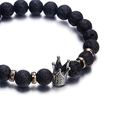 Black Lava Stone Bracelet with Gold Crown Charm for Men and Women