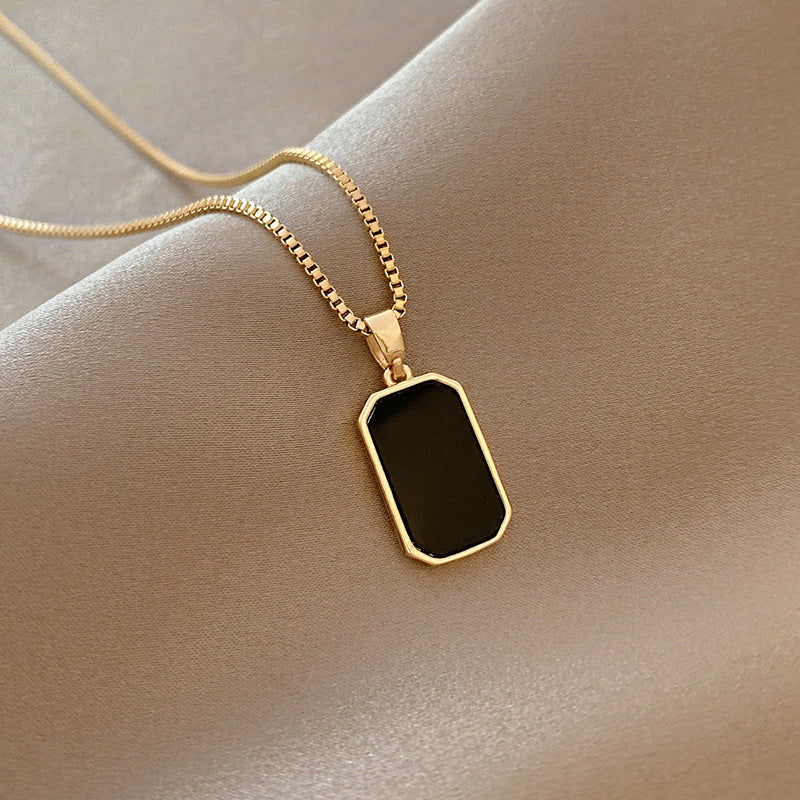 Black Square Titanium Steel Hip-hop Fashion Pendant Necklace with Box Chain