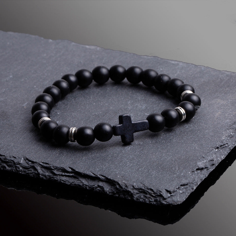 Black Stone Cross Elastic Bracelet with Volcanic and Frosted Beads