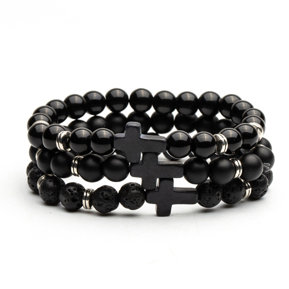 Black Stone Cross Elastic Bracelet with Volcanic and Frosted Beads