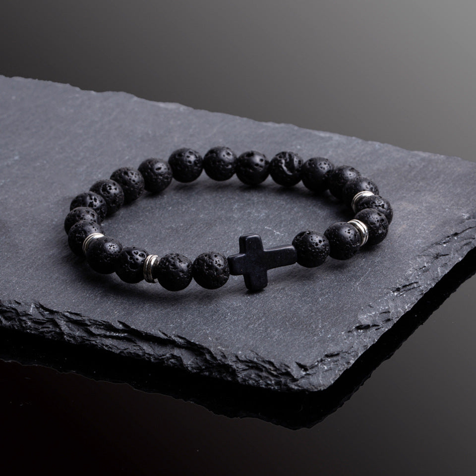 Black Stone Cross Elastic Bracelet with Volcanic and Frosted Beads