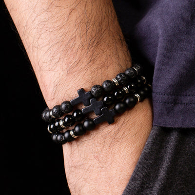Black Stone Cross Elastic Bracelet with Volcanic and Frosted Beads