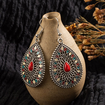 Bohemian Alloy Hollow Teardrop Colored Gemstone Earrings