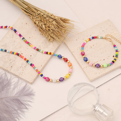 Bohemian Colorful Bead and Pearl Eye Pendant Necklace Set