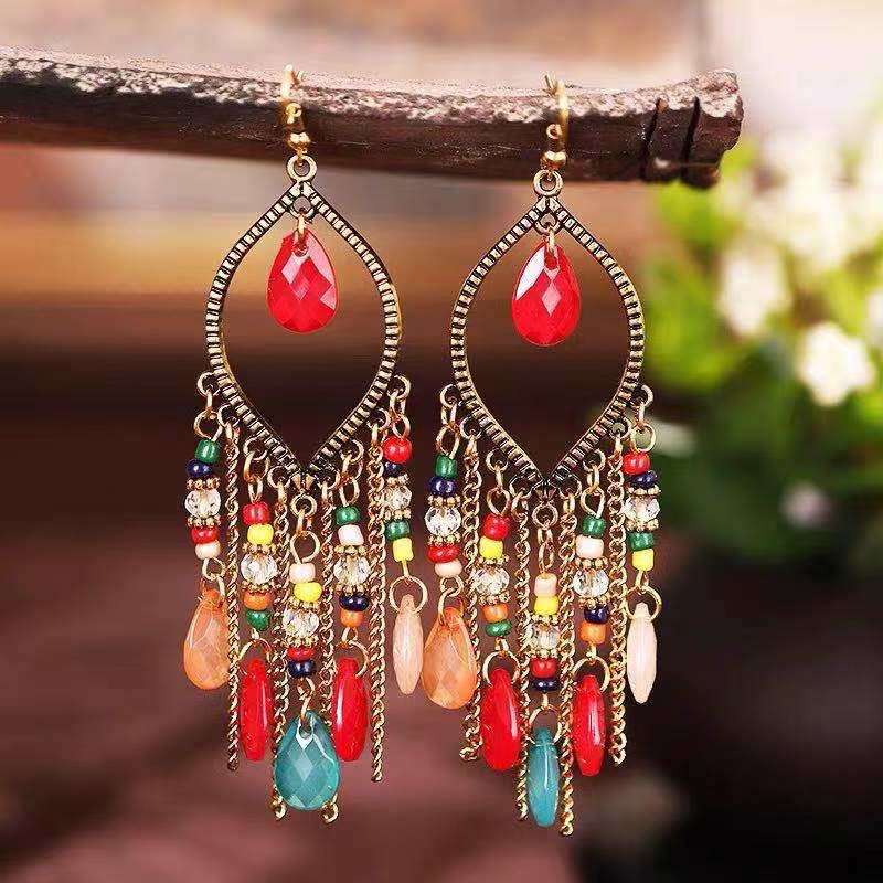Bohemian Geometric Gold-Plated Tassel Resin Drop Earrings