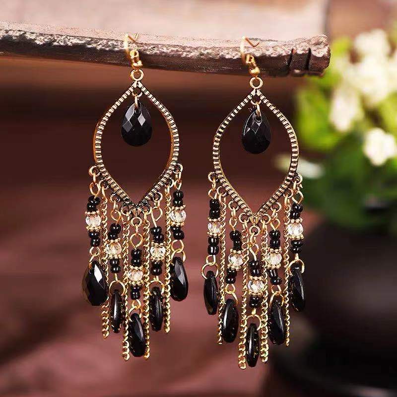 Bohemian Geometric Gold-Plated Tassel Resin Drop Earrings