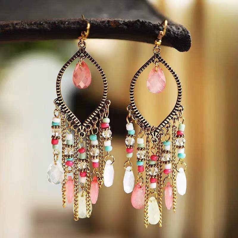 Bohemian Geometric Gold-Plated Tassel Resin Drop Earrings
