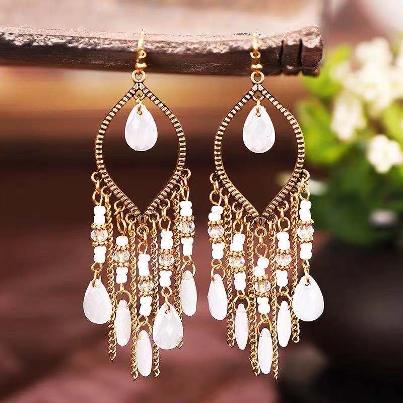 Bohemian Geometric Gold-Plated Tassel Resin Drop Earrings