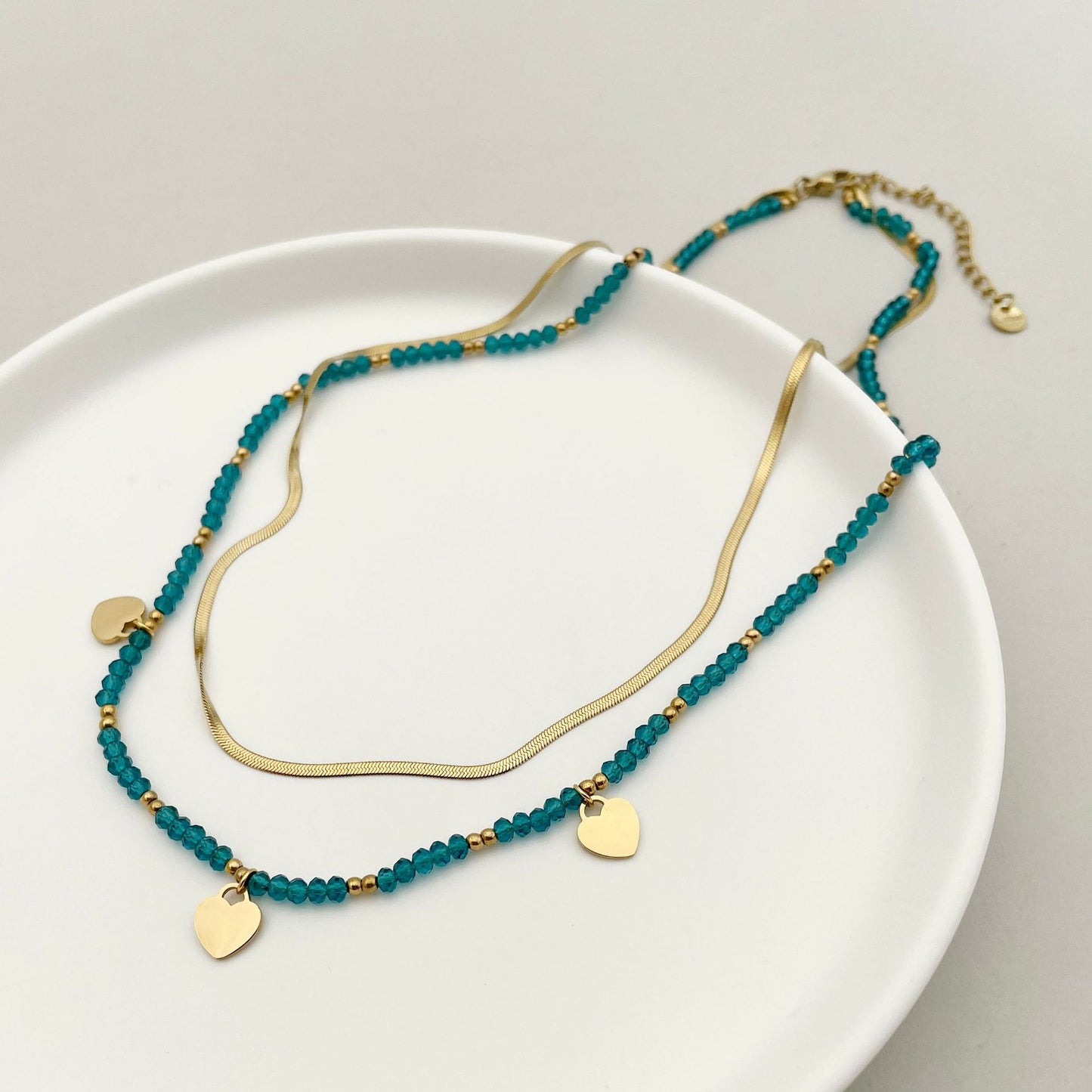 Bohemian Double Layer Heart Crystal Pendant Stainless Steel Necklace