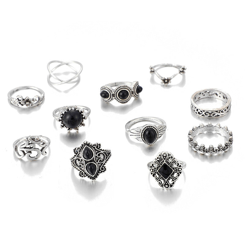 Bohemian Retro Flower Ring Set - 11 Piece Hollow Carved Black Gem Joint Rings