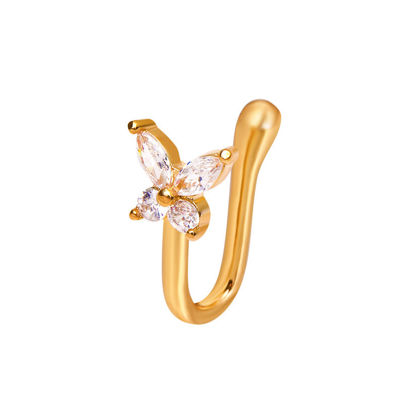 Butterfly Zircon Inlaid Copper U-Shaped Non-Pierced Nose Ring