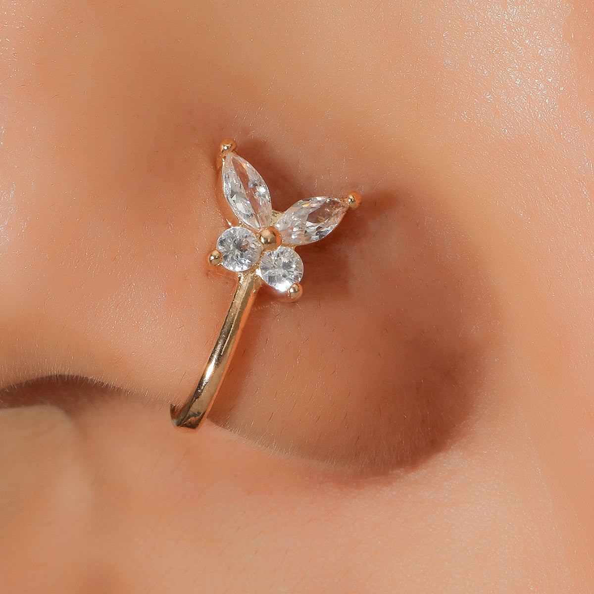 Butterfly Zircon Inlaid Copper U-Shaped Non-Pierced Nose Ring