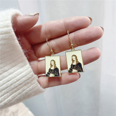Cartoon Mona Lisa & Van Gogh Character Portrait Enamel Alloy Earrings