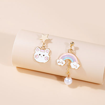 Cartoon Cat & Bear Asymmetrical Enamel Drop Earrings for Women