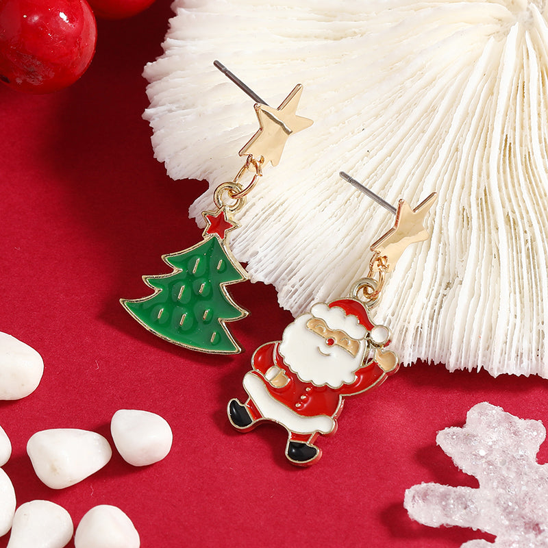 Cartoon Christmas Tree Santa Claus Alloy Enamel Drop Earrings for Women