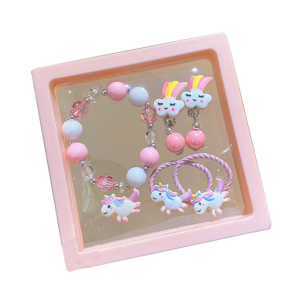 Cartoon Rabbit Unicorn Beaded Bracelet and Hair Accessory Set for Girls