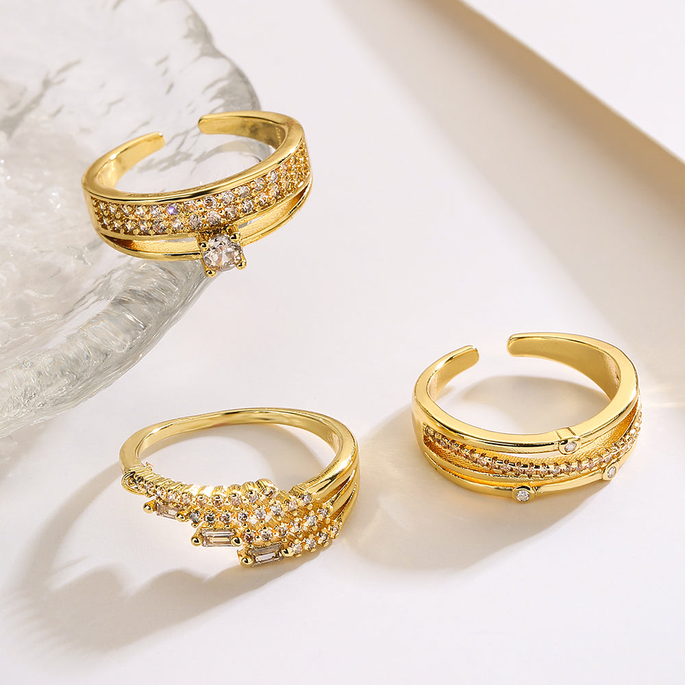 18K Gold Plated Zircon Geometric Open Ring - Vintage Style