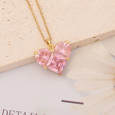 Casual Pink Heart Butterfly Pendant Necklace with Zircon Inlay