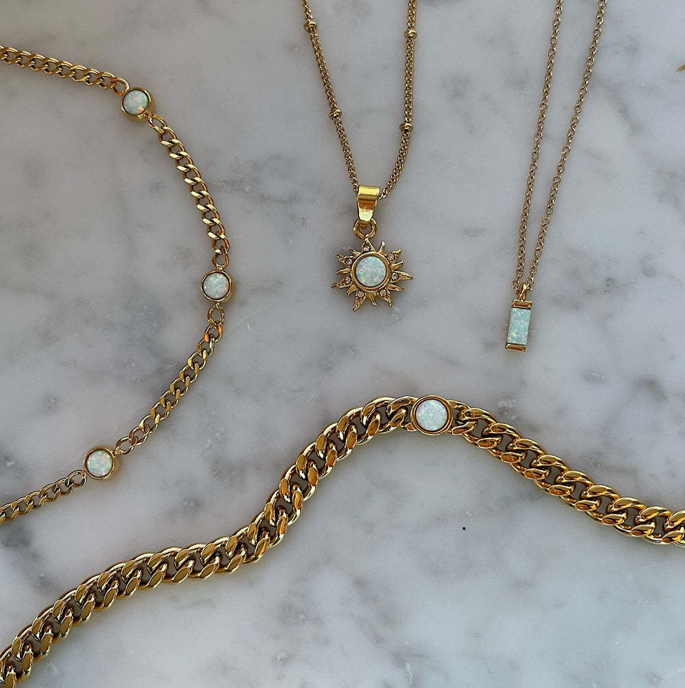 Casual Retro Opal Sun Pendant Necklace 18K Gold Plated Stainless Steel