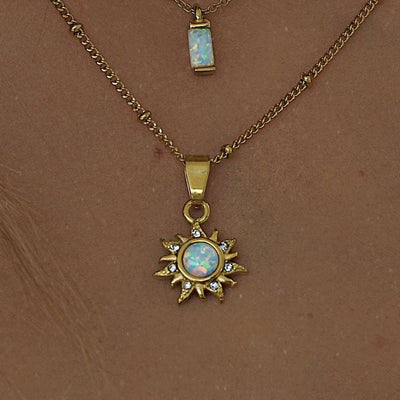 Casual Retro Opal Sun Pendant Necklace 18K Gold Plated Stainless Steel